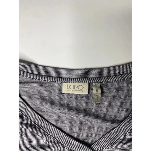 LOGO by Lori Goldstein Stripe Knit 3/4 Sleeve Blouse Asymmetrical Chiffon Trim - Picture 2 of 6